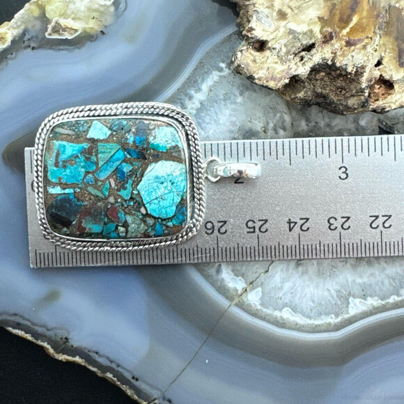 Sterling Southwestern Style Large Square Cooper Turquoise Pendant For Women - Picture 10 of 10
